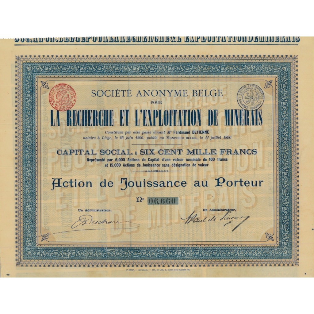 SOC. AN. LA RICHERCHE ET L'EXPLOITATION DE MINERALS - 1 AZIONE 1896