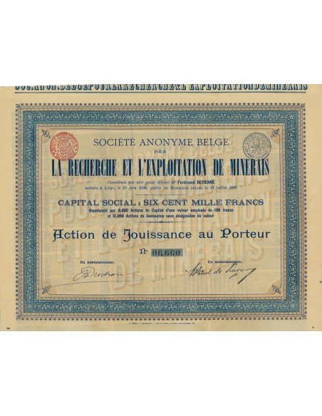 SOC. AN. LA RICHERCHE ET L'EXPLOITATION DE MINERALS - 1 AZIONE 1896