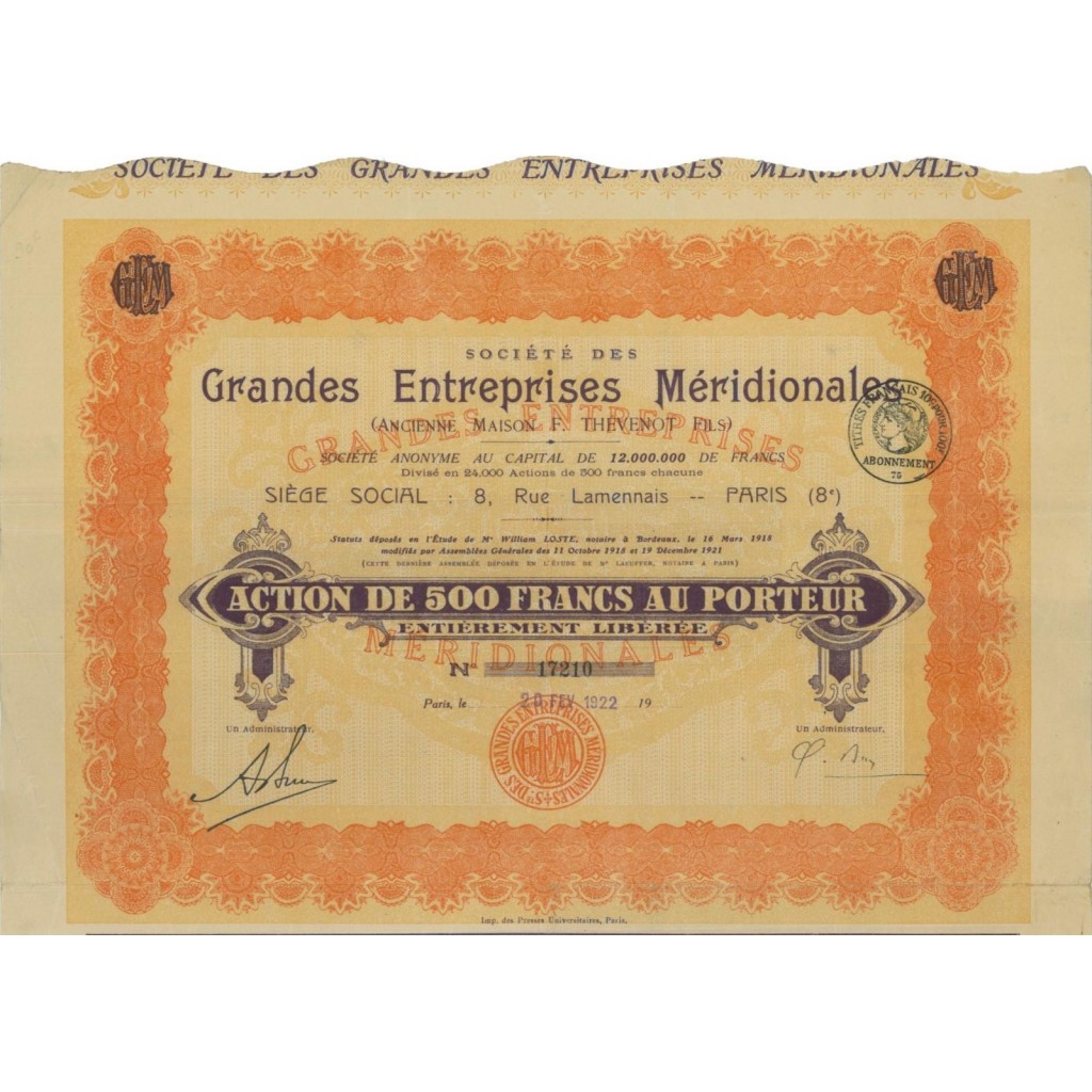 GRANDES ENTREPRISES MERIDIONALES - 1 AZIONE 1922