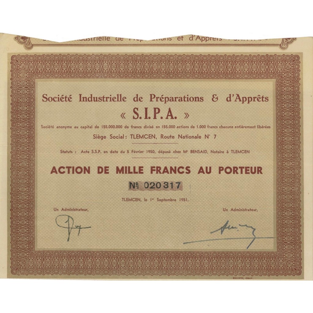SOC. IND. DE PRETARATIONS E D'APPRETS - 1 AZIONE - 1951