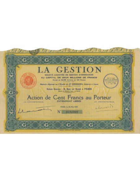 LA GESTION - 1 AZIONE DI 100 FRANCHI - 1929