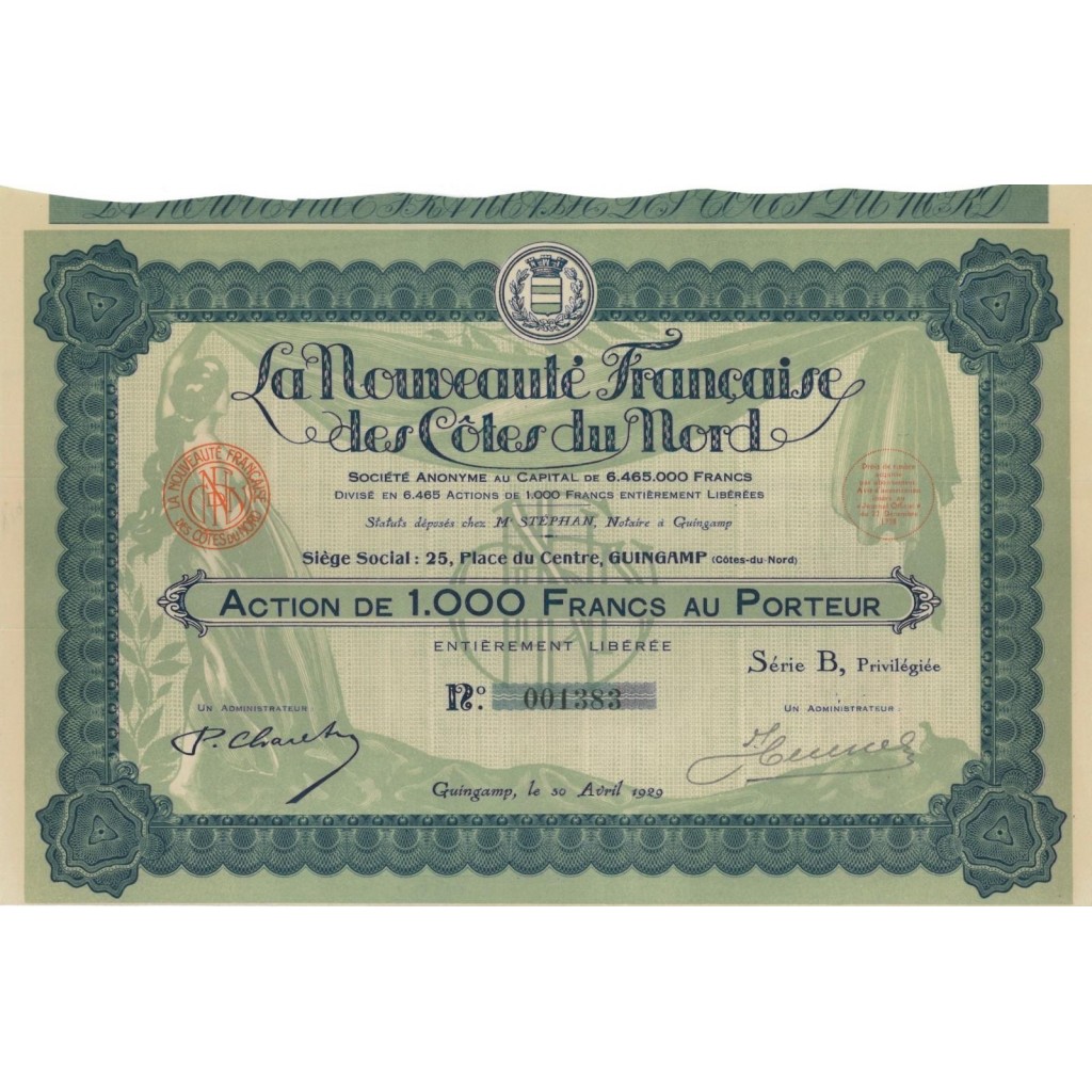 LA NOUVEAUTE FRANCAISE DES COTES DU NORD - 1 AZIONE 1929