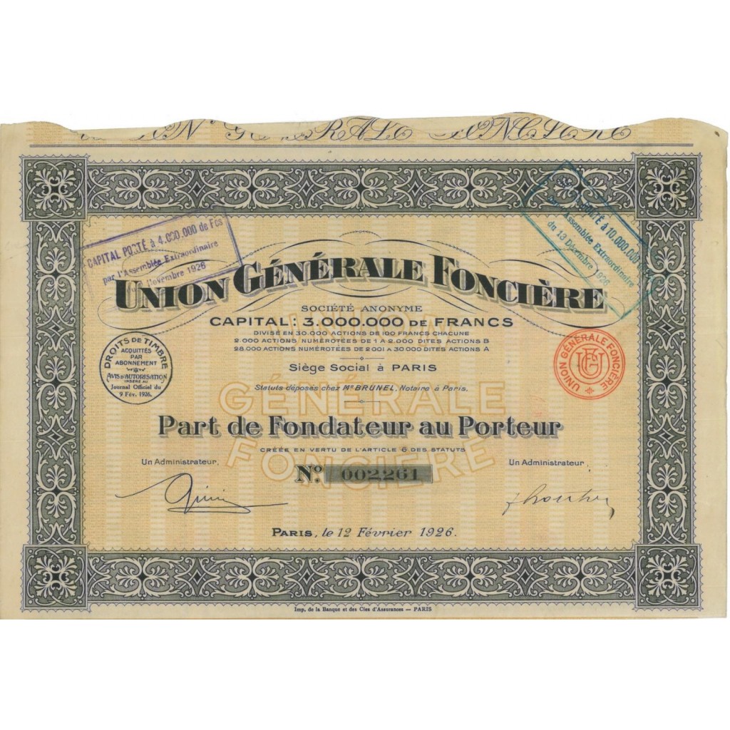 UNION GENERALE FONCIERE - 1 AZIONE DI FONDAZIONE - 1926