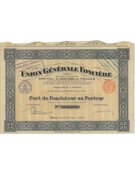 UNION GENERALE FONCIERE - 1 AZIONE DI FONDAZIONE - 1926