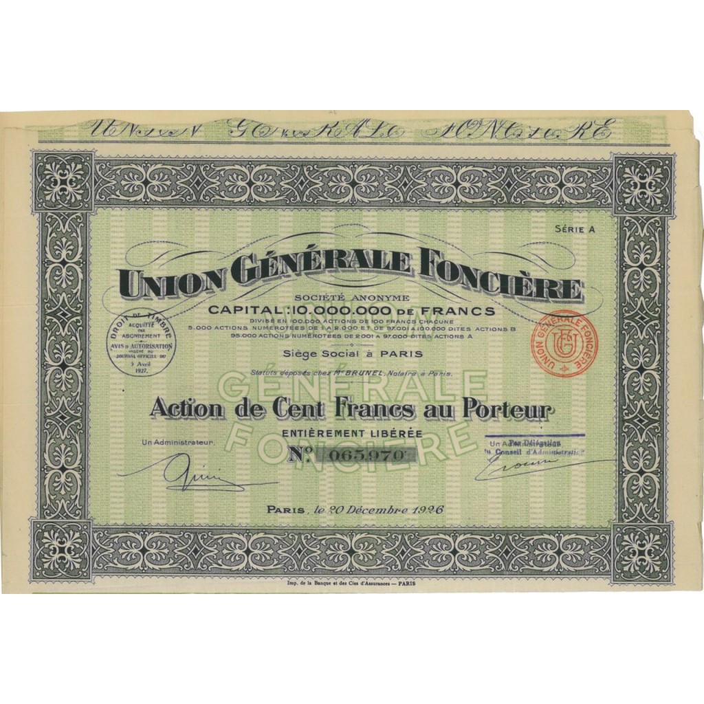 UNION GENERALE FONCIERE - 1 AZIONE DI 100 FRANCHI - 1926