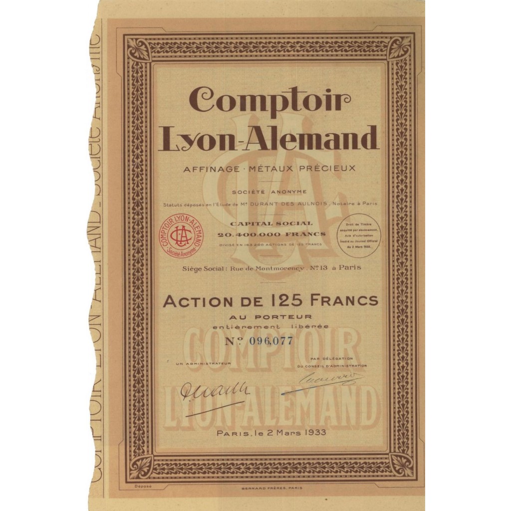 COMPTOIR LYON ALEMAND - 1 AZIONE DI 125 FRANCHI - 1933