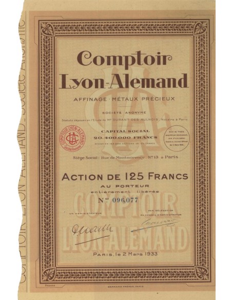 COMPTOIR LYON ALEMAND - 1 AZIONE DI 125 FRANCHI - 1933