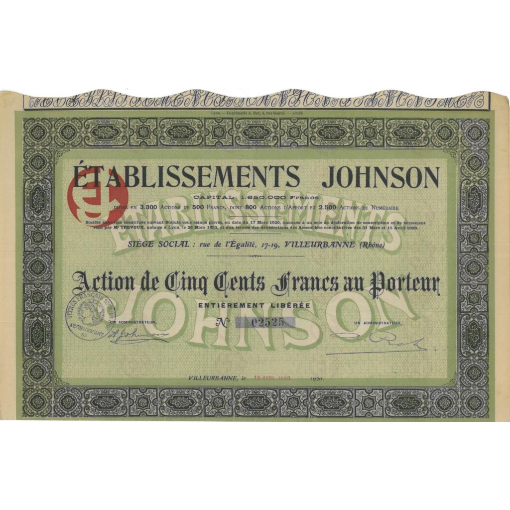 ETABLISSEMENTS JOHNSON - 1 AZIONE DI 500 FRANCHI - 1920