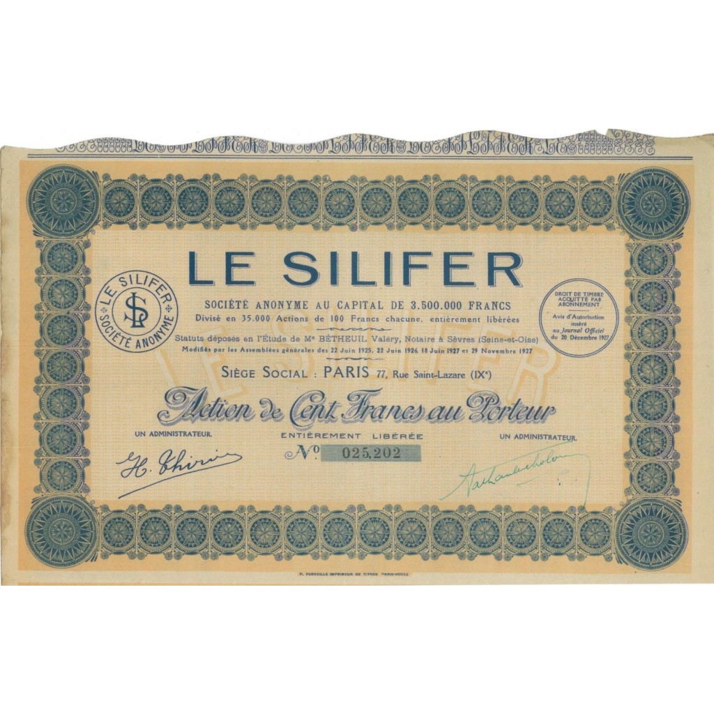 LE SILIFER - 1 AZIONE DA 100 FRANCHI - 1927