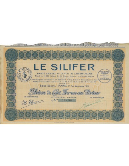 LE SILIFER - 1 AZIONE DA 100 FRANCHI - 1927