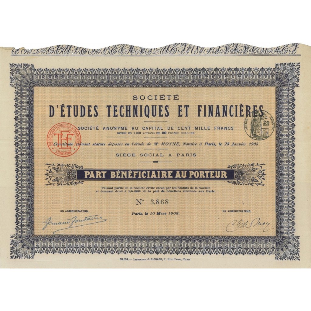 SOC. D'ETUDES TECHNIQUES ET FINANCIERES - 1 AZIONE - 1908