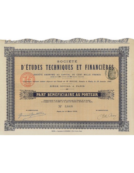 SOC. D'ETUDES TECHNIQUES ET FINANCIERES - 1 AZIONE - 1908