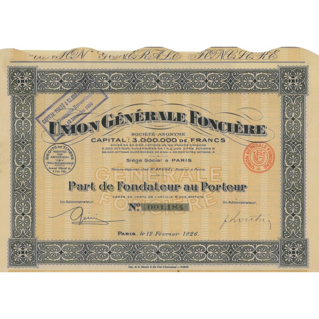 UNION GENERALE FONCIERE - AZIONE DI FONDAZIONE - 1926