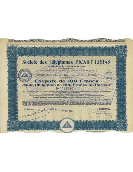 SOC. DES TELEPHONES PICART LEBAS - FRAZIONE DI OBLIGAZIONE - 1934