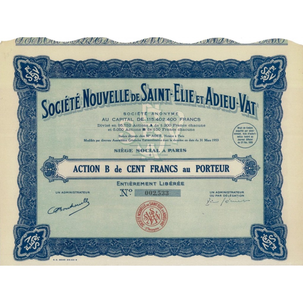 SOC. NOUVELLE DE SAINT-ELIE ET ADIEU.VAT - 1 AZIONE - 1929