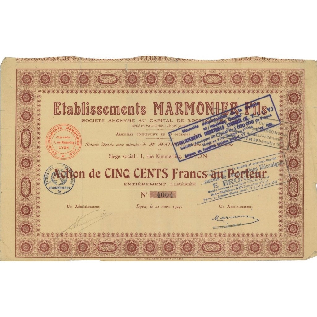 ETABLISSEMENTS MARMONIER FILS - 1 AZIONE - 1924
