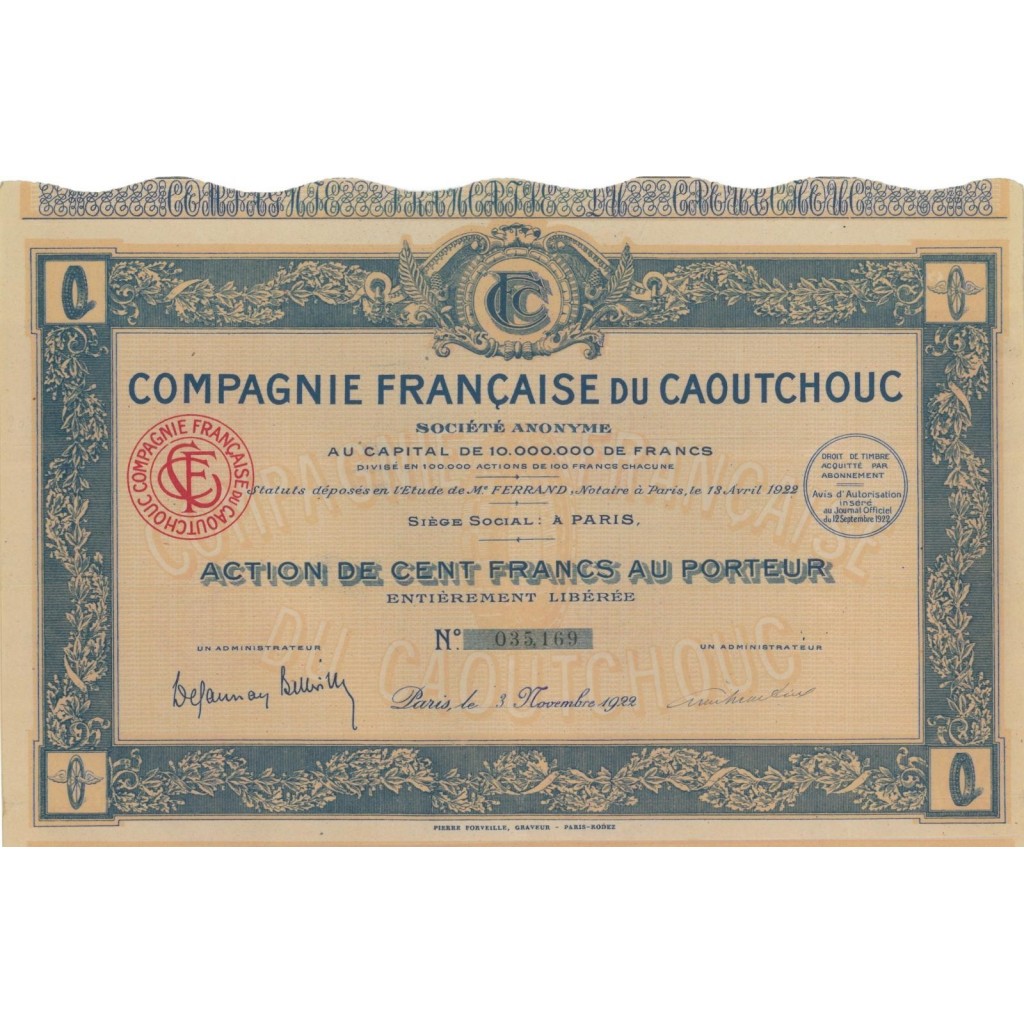 COMPAGNIE FRANCAISE DU CAOUTCHOUC - 1 AZIONE 1922