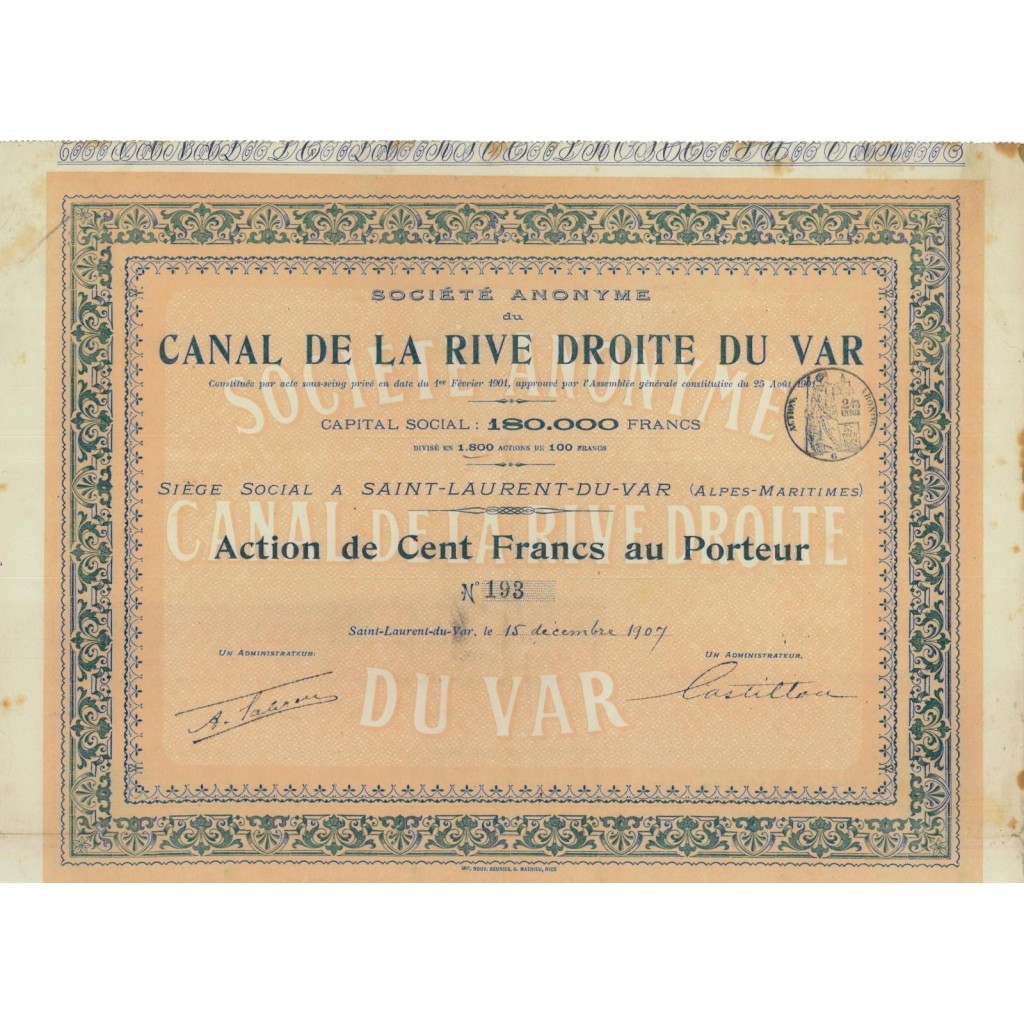 CANAL DE LA RIVE DROITE DU VAR - 1 AZIONE - 1907