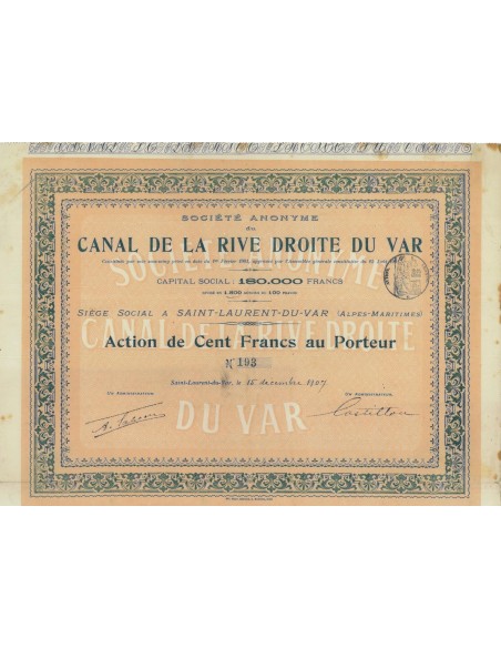 CANAL DE LA RIVE DROITE DU VAR - 1 AZIONE - 1907
