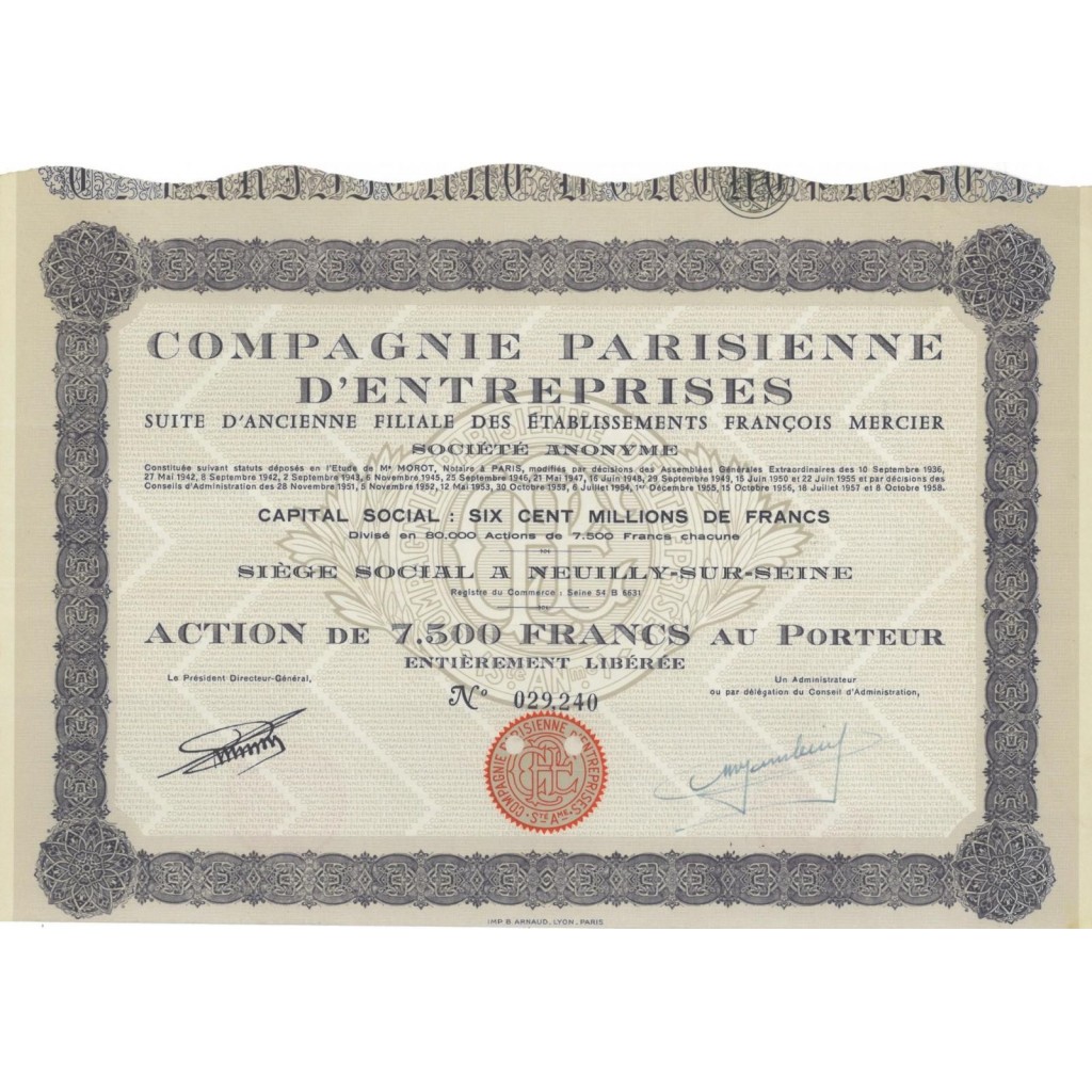 COMP. PARISIENNE D'ENTREPRIES - 1 AZIONE - 1936