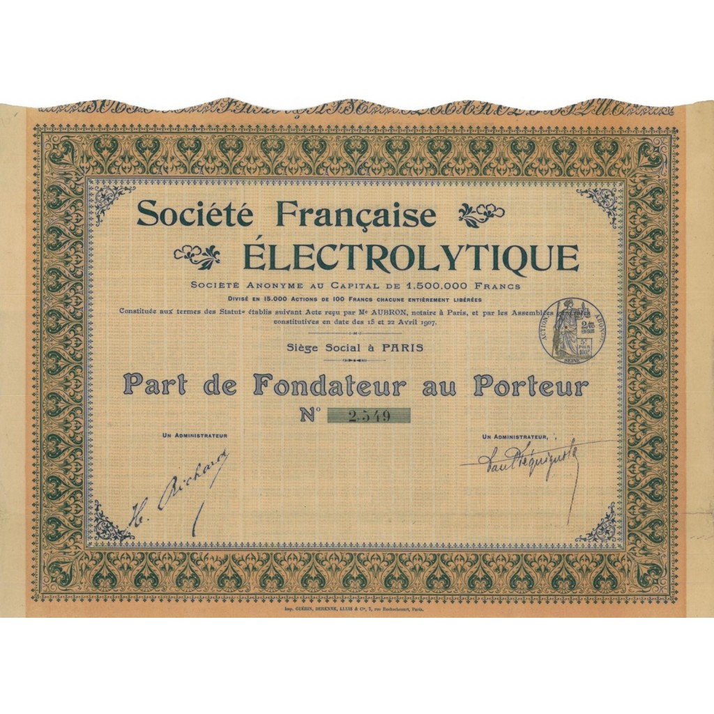 SOC. FRANCAISE ELECTROLYTIQUE - 1 AZIONE - 1907