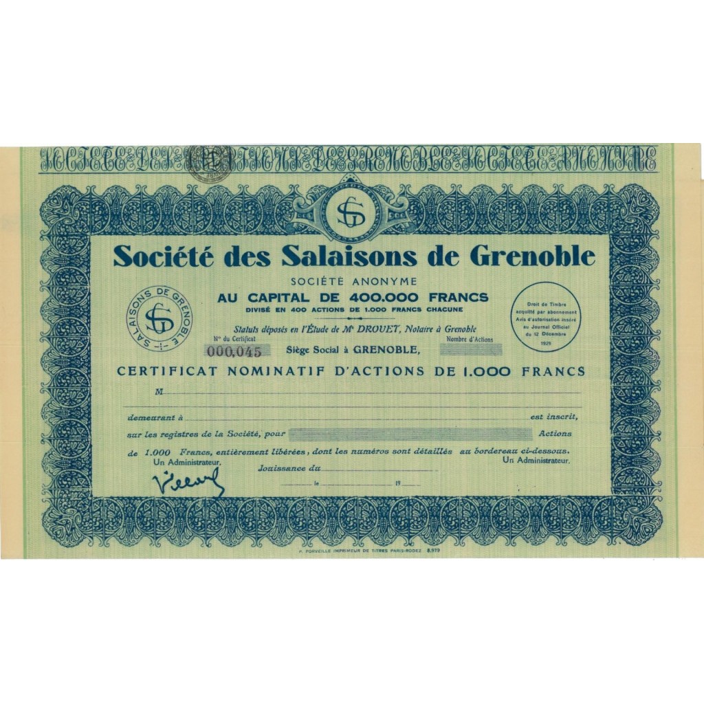 SOC. DES SALAISONS DE GRENOBLE - AZIONE - 1929