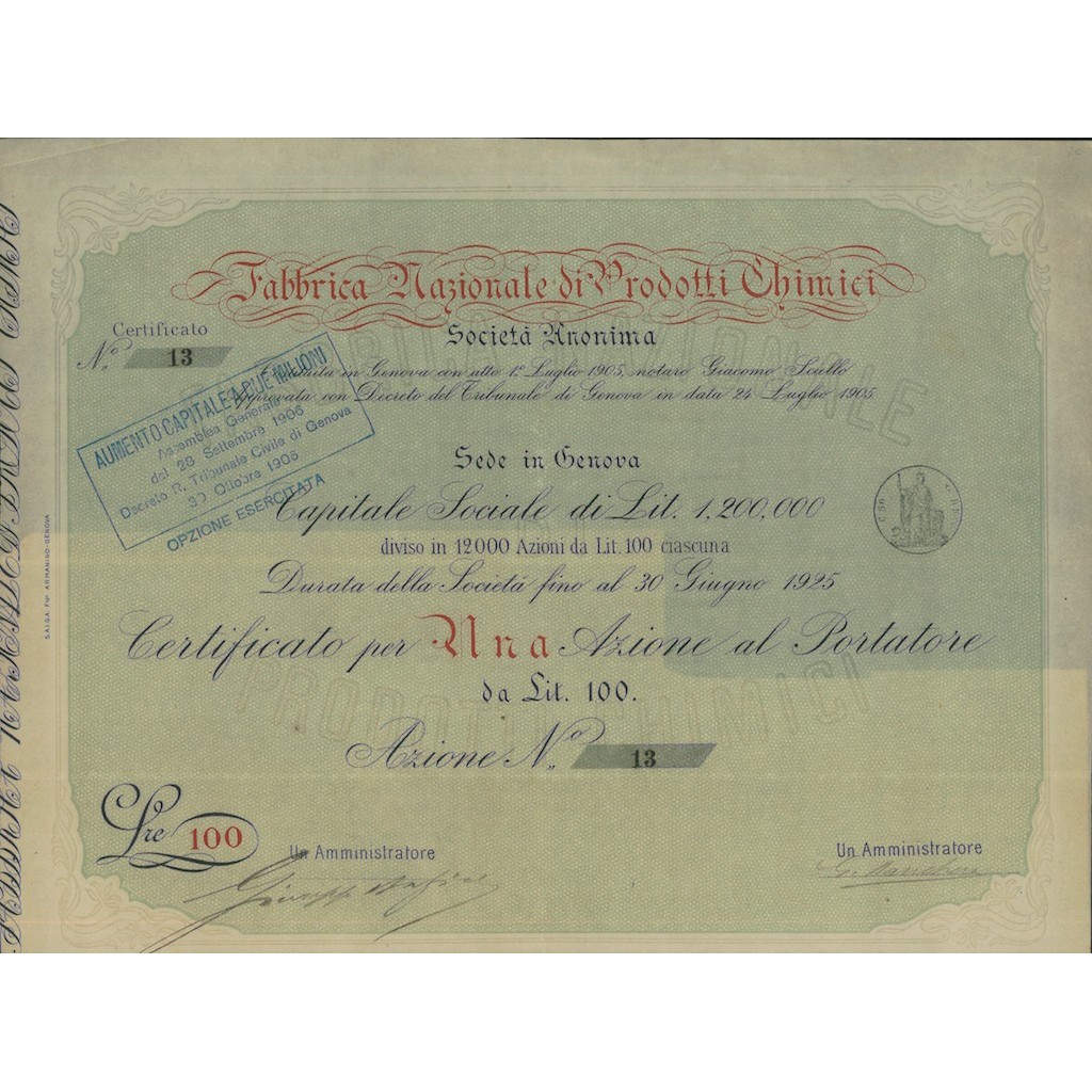 FABBRICA NAZIONALE DI PRODOTTI CHIMICI - UNA AZIONE GENOVA 1905