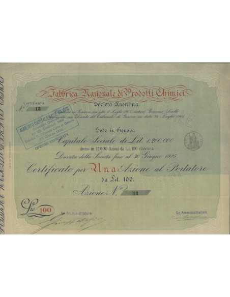 FABBRICA NAZIONALE DI PRODOTTI CHIMICI - UNA AZIONE GENOVA 1905
