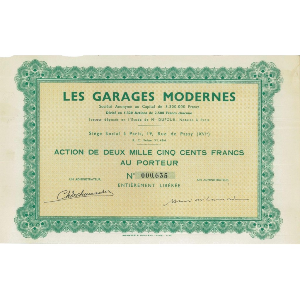 LES GARAGES MODERNES - 1 AZIONE DA 1500 FRANCHI