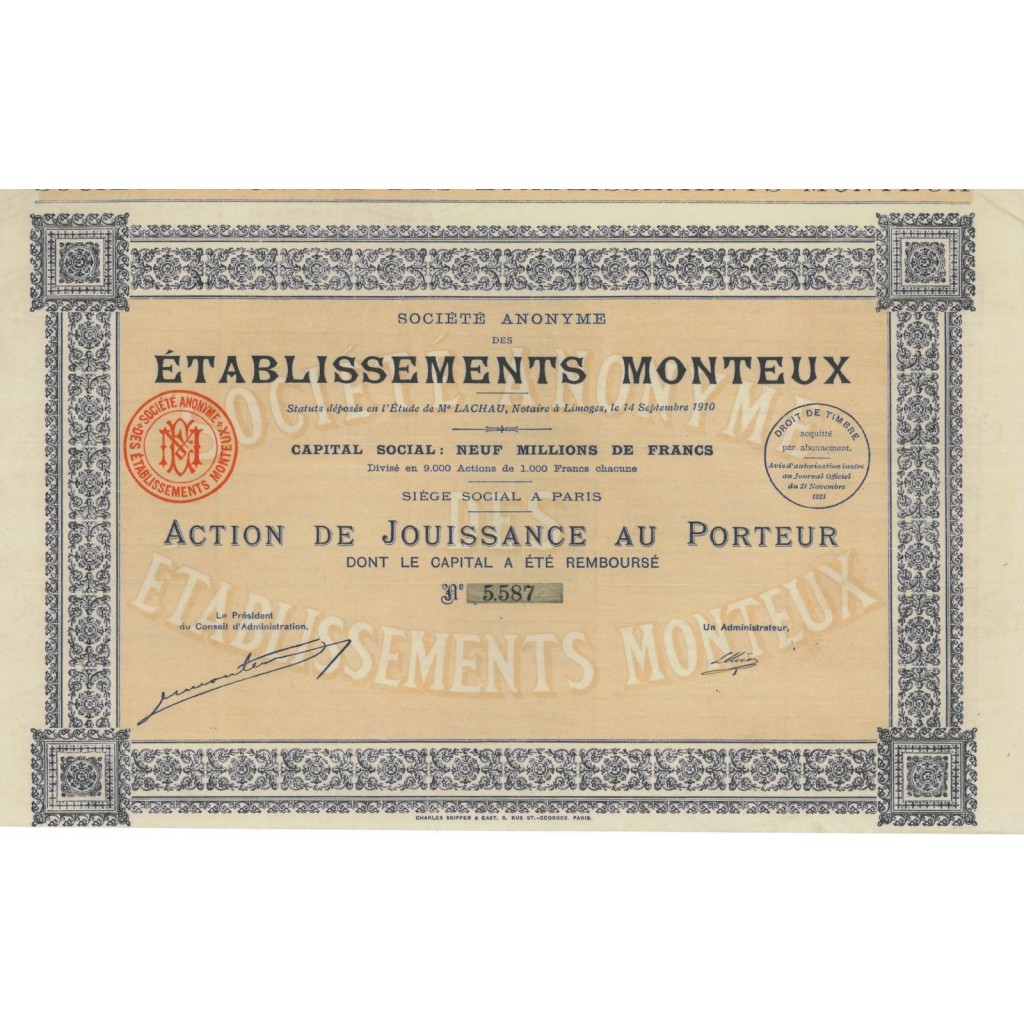 ETABLISSEMENTS MONTEUX - 1 AZIONE 1923