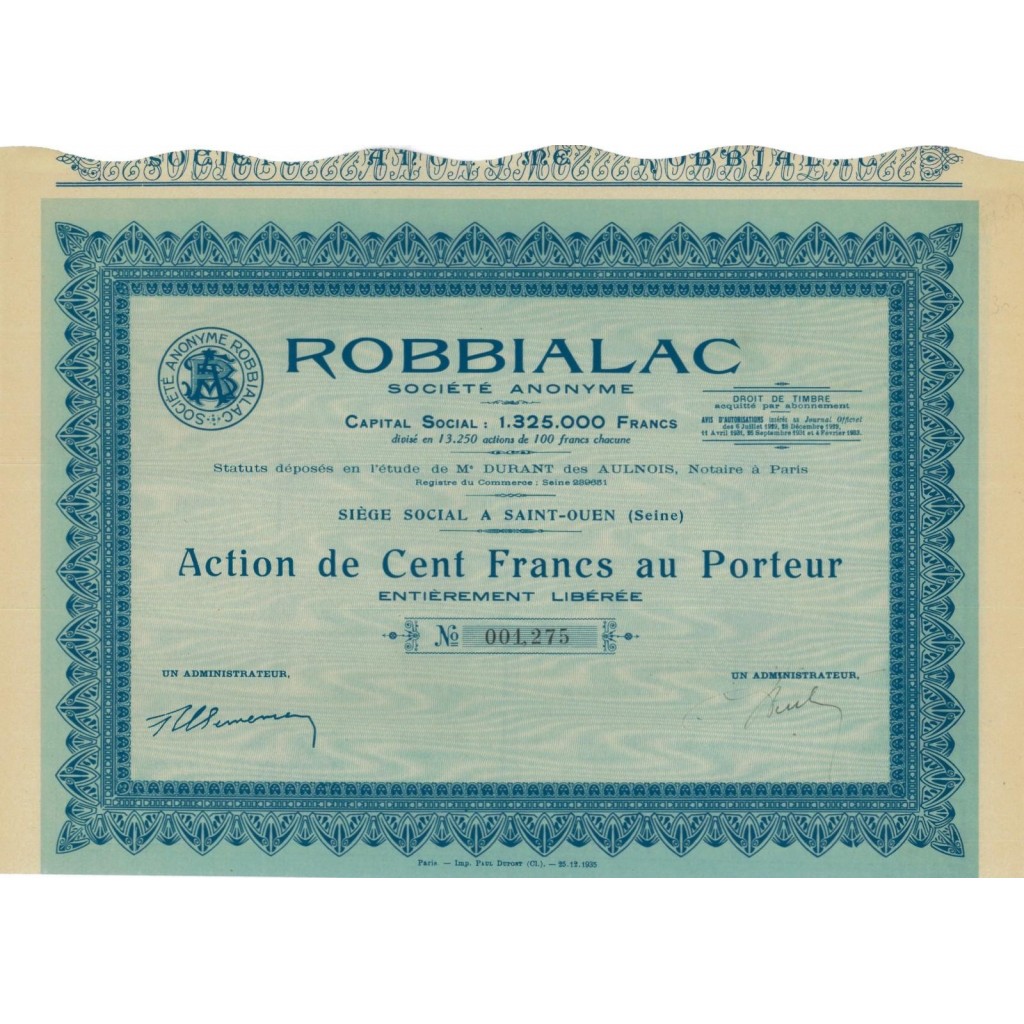 ROBBIALAC - 1 AZIONE DA 100 FRANCHI - 1929