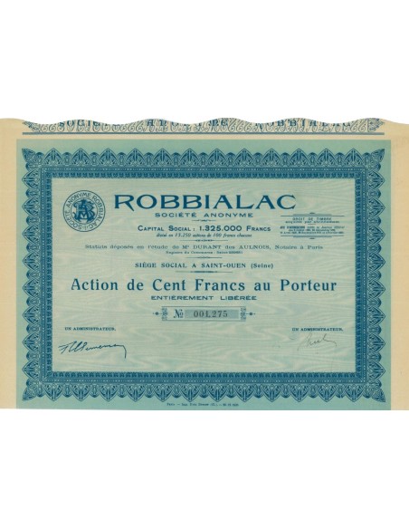 ROBBIALAC - 1 AZIONE DA 100 FRANCHI - 1929