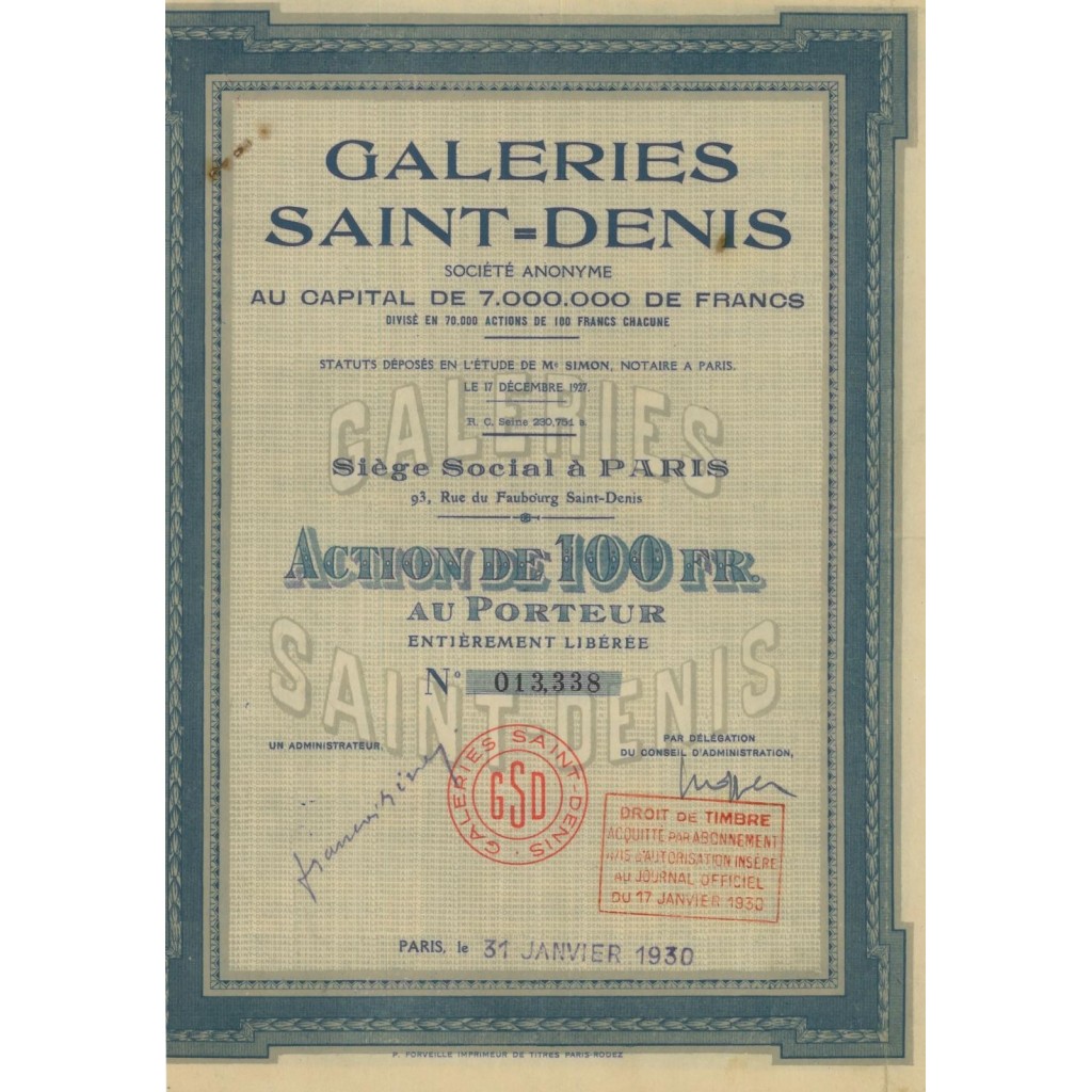 GALERIES SAINT-DENIS - 1 AZIONE DA 100 FRANCHI - 1930