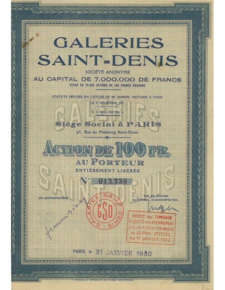 GALERIES SAINT-DENIS - 1 AZIONE DA 100 FRANCHI - 1930