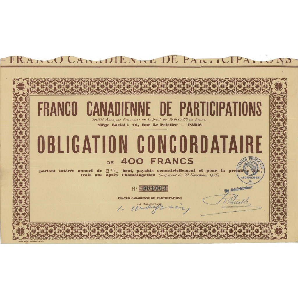 FRANCO CANADIENNE DE PARTECIPATIONS - 1 OBBLIG. 1936