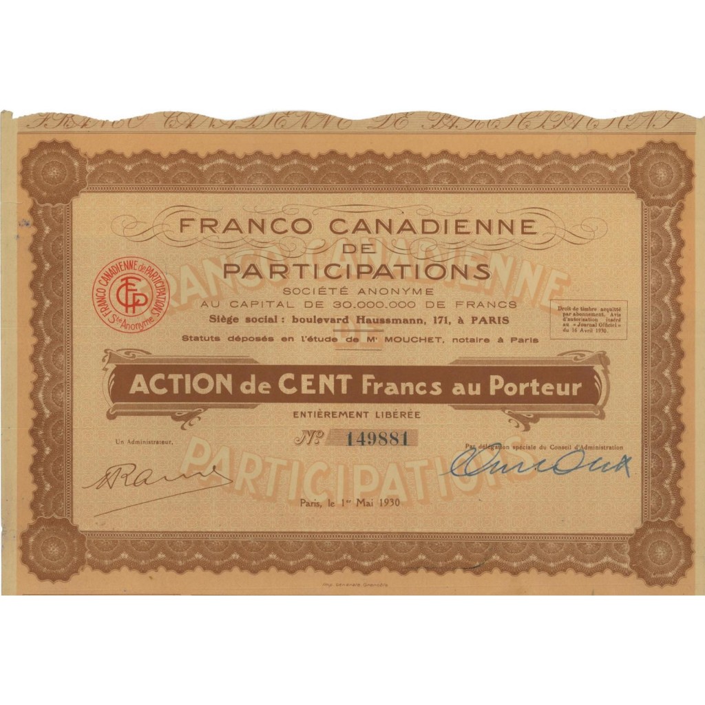 FRANCO CANADIENNE DE PARTECIPATIONS - 1 AZIONE 1930