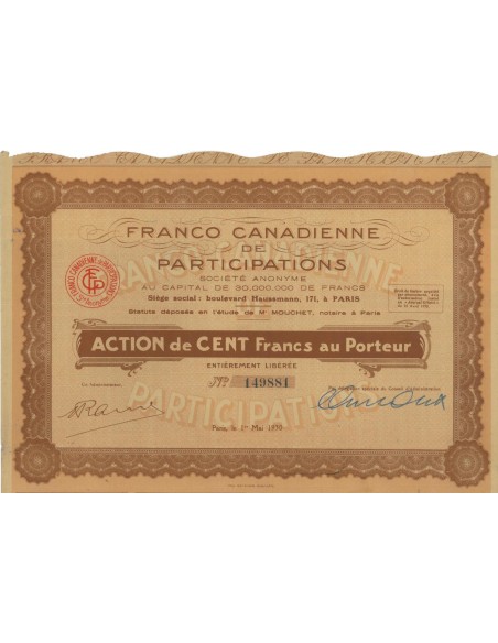 FRANCO CANADIENNE DE PARTECIPATIONS - 1 AZIONE 1930