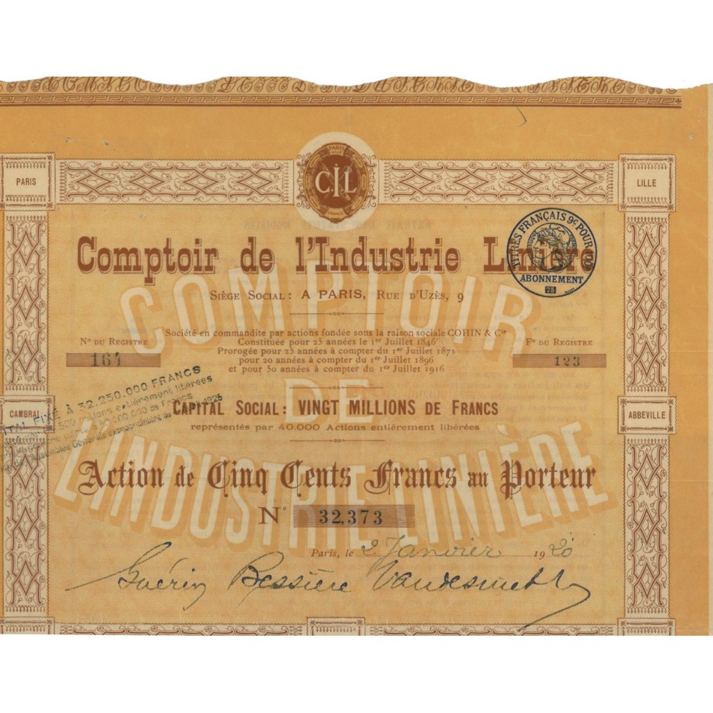COMPTOIR DE L'INDUSTRIE LINIERE - UNA AZIONE DA 500 FRANCHI - 1920