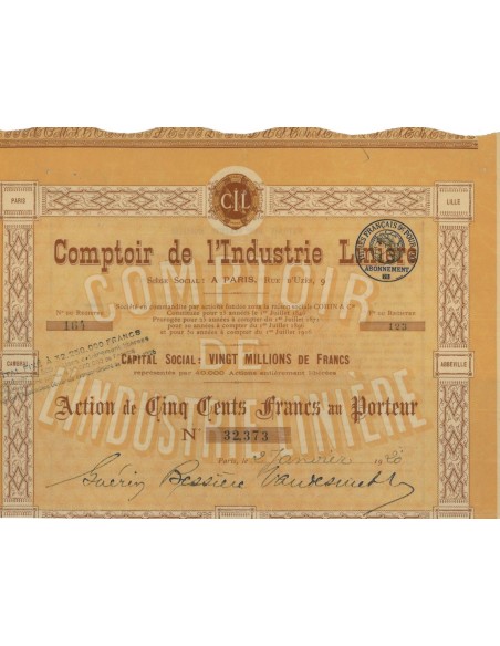 COMPTOIR DE L'INDUSTRIE LINIERE - UNA AZIONE DA 500 FRANCHI - 1920