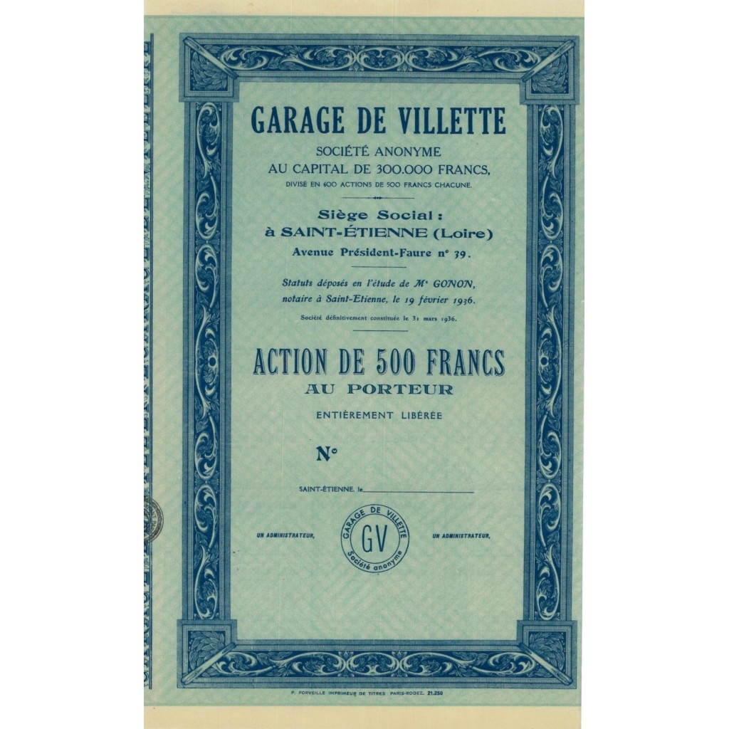 GARAGE DE VILLETTE - 1 AZIONE DI 500 FRANCHI - 1936