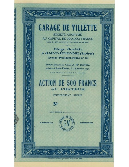 GARAGE DE VILLETTE - 1 AZIONE DI 500 FRANCHI - 1936