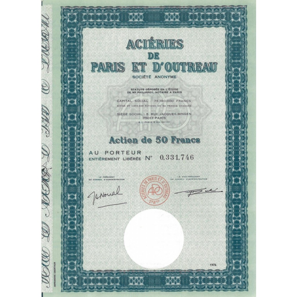 ACIERIES DE PARIS ET D'OUTREAU - 1 AZIONE DA 50 FRANCHI - 1976