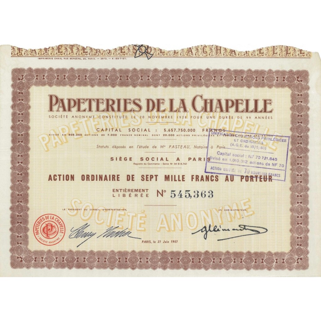 PAPETERIES DE LA CHAPELLE - 1 AZIONE - 1957