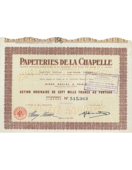 PAPETERIES DE LA CHAPELLE - 1 AZIONE - 1957