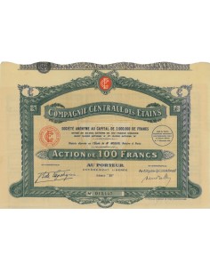 COMPAGNIE CENTRALE DES ETAINS - 1 AZIONE DI 100 FRANCHI - 1929