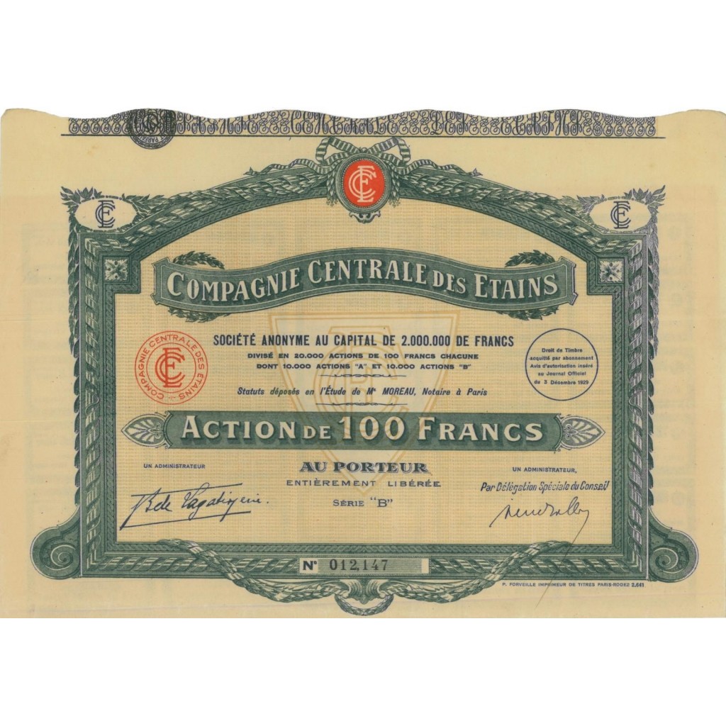 COMPAGNIE CENTRALE DES ETAINS - 1 AZIONE DI 100 FRANCHI - 1929