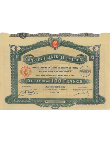 COMPAGNIE CENTRALE DES ETAINS - 1 AZIONE DI 100 FRANCHI - 1929