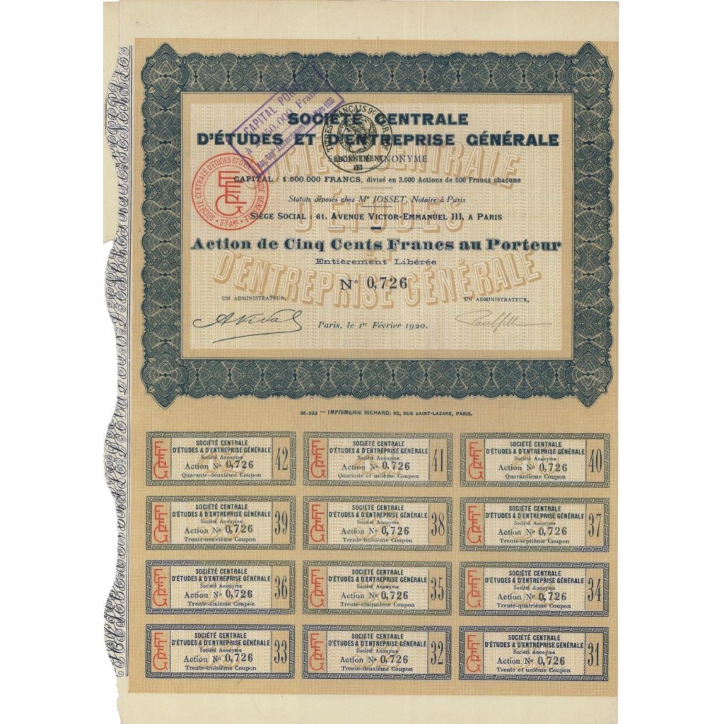 SOCIETE CENTRALE D'ETUDES ET D'ENTREPRISE GENERALE - 1 AZIONE 1920