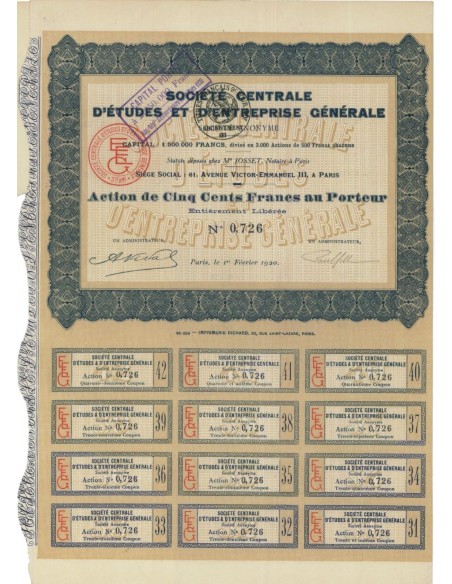SOCIETE CENTRALE D'ETUDES ET D'ENTREPRISE GENERALE - 1 AZIONE 1920