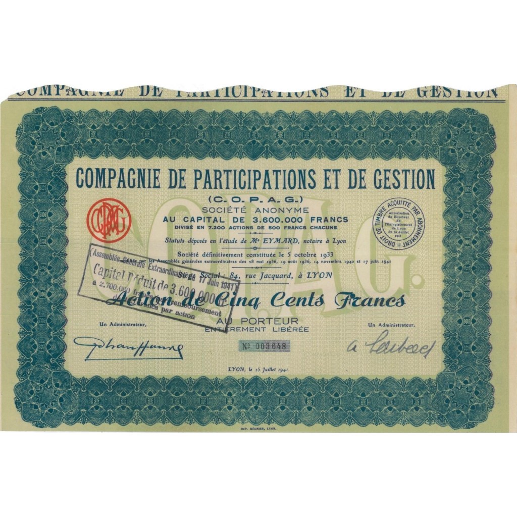 COMPAGNIE DE PARTECIPATIONS ET DE GESTION - 1 AZIONE 1941
